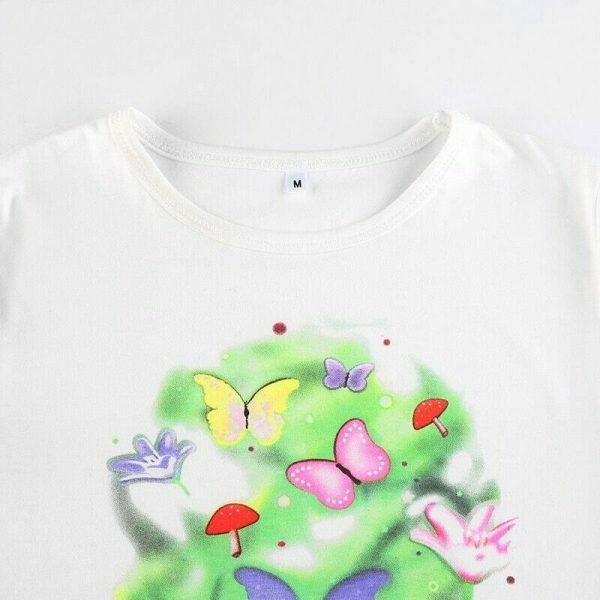 Y2K Butterfly Mushroom Print White Crop Tee Harajuku Streetwear Cute Cartoon T-Shirt