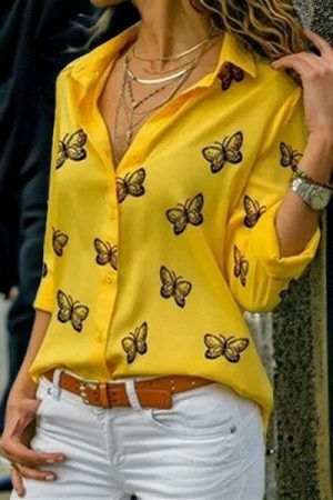 Y2K Butterfly Print V-Neck Blouse | Streetwear Long Sleeve Top