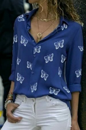 Y2K Butterfly Print V-Neck Blouse | Streetwear Long Sleeve Top