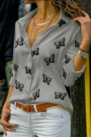 Y2K Butterfly Print V-Neck Blouse | Streetwear Long Sleeve Top