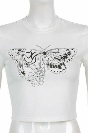 Y2K Butterfly Print White Crop Tee - Aesthetics Graphic Streetwear