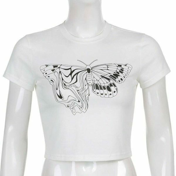 Y2K Butterfly Print White Crop Tee - Aesthetics Graphic Streetwear