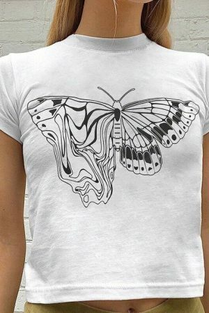 Y2K Butterfly Print White Crop Tee - Aesthetics Graphic Streetwear