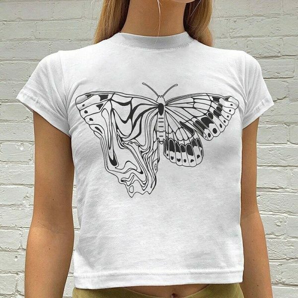 Y2K Butterfly Print White Crop Tee - Aesthetics Graphic Streetwear