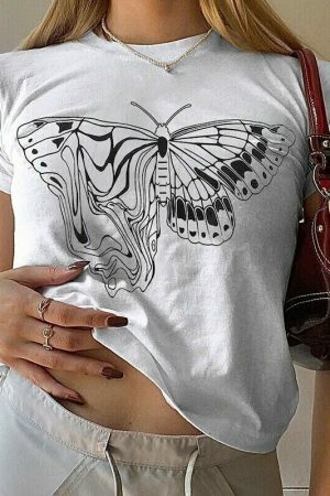 Y2K Butterfly Print White Crop Tee - Aesthetics Graphic Streetwear