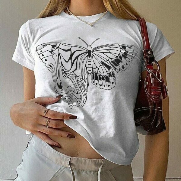 Y2K Butterfly Print White Crop Tee - Aesthetics Graphic Streetwear