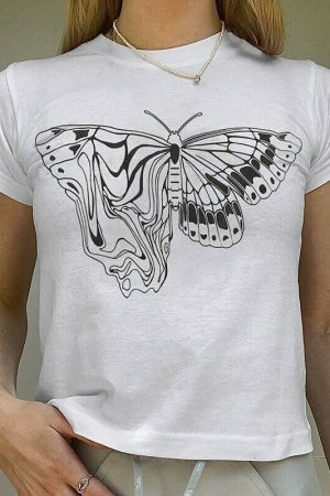 Y2K Butterfly Print White Crop Tee - Aesthetics Graphic Streetwear