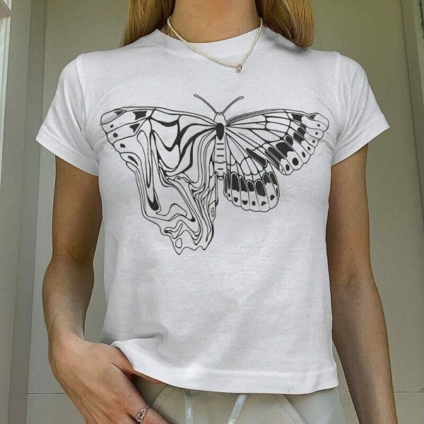 Y2K Butterfly Print White Crop Tee - Aesthetics Graphic Streetwear