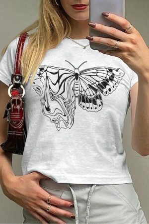 Y2K Butterfly Print White Crop Tee - Aesthetics Graphic Streetwear