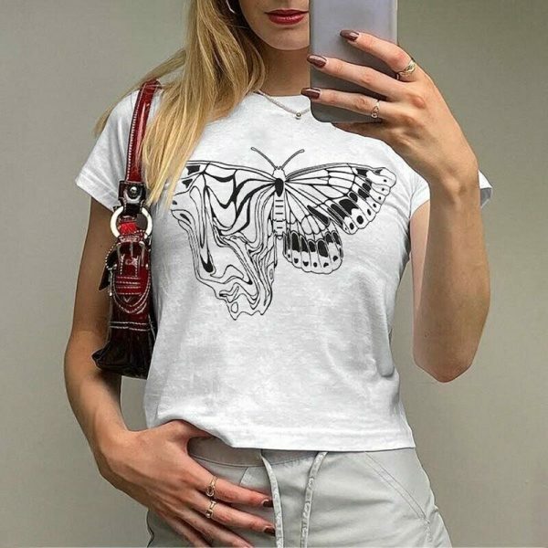 Y2K Butterfly Print White Crop Tee - Aesthetics Graphic Streetwear