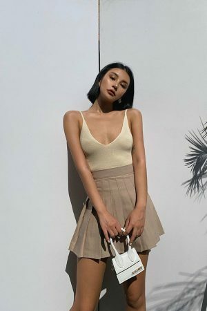 Y2K Camel Beige Tennis Skirt Pleated French Retro Streetwear