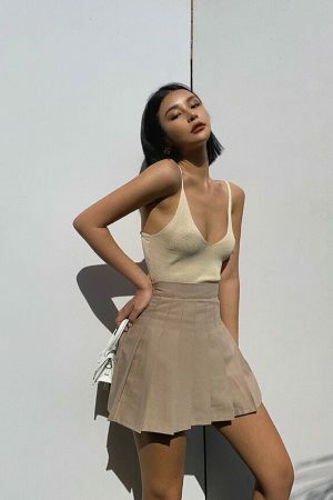 Y2K Camel Beige Tennis Skirt Pleated French Retro Streetwear