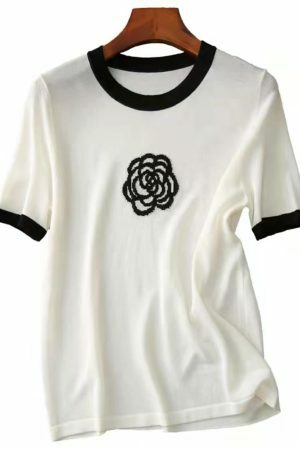 Y2K Camellia Embroidered Short-Sleeve Tee | Streetwear Women's Knit Top