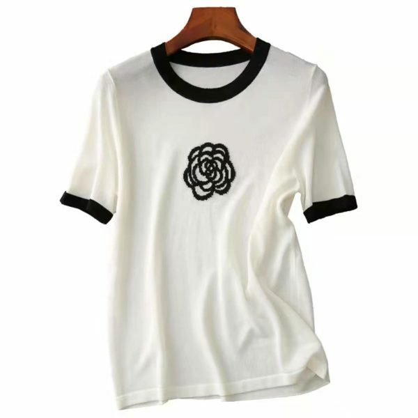 Y2K Camellia Embroidered Short-Sleeve Tee | Streetwear Women's Knit Top