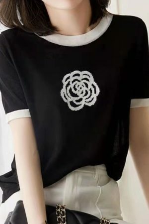 Y2K Camellia Embroidered Short-Sleeve Tee | Streetwear Women's Knit Top