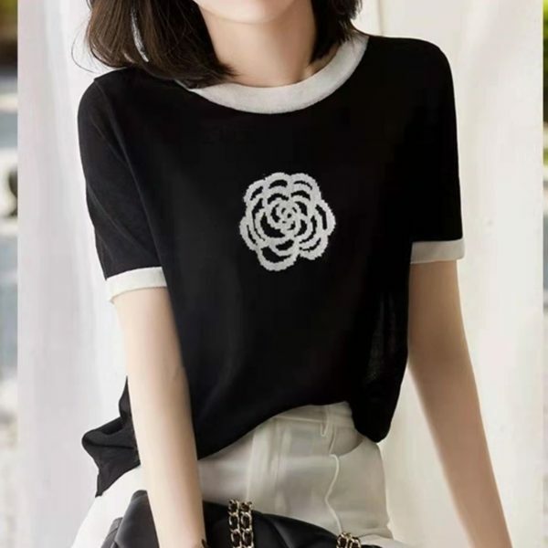 Y2K Camellia Embroidered Short-Sleeve Tee | Streetwear Women's Knit Top