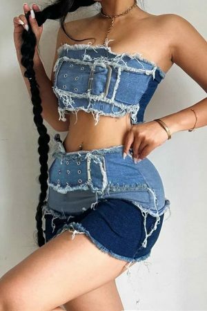 Y2K Cargo Style Denim Tube Top with Patchwork Strapless Corset