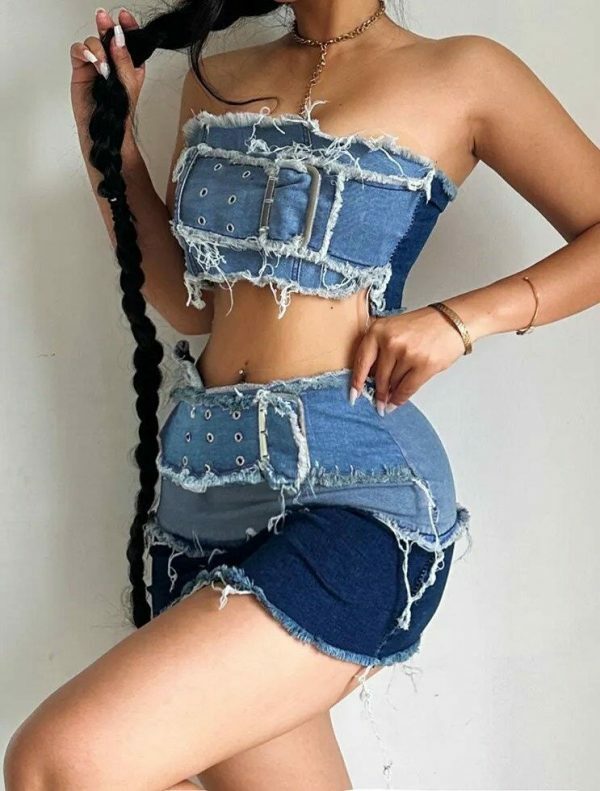 Y2K Cargo Style Denim Tube Top with Patchwork Strapless Corset