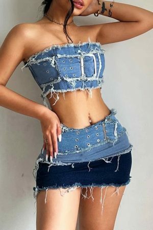 Y2K Cargo Style Denim Tube Top with Patchwork Strapless Corset