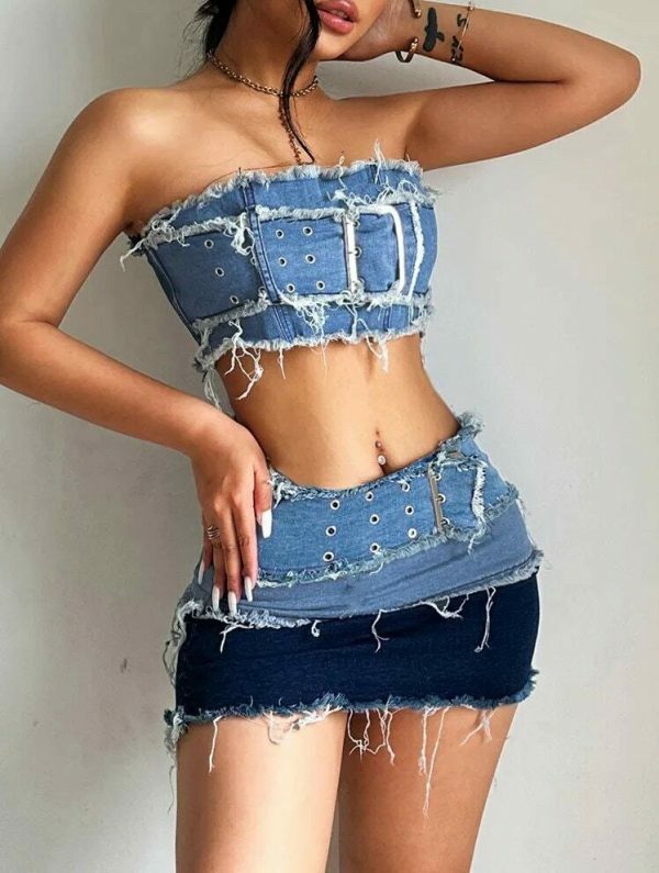 Y2K Cargo Style Denim Tube Top with Patchwork Strapless Corset