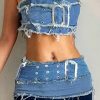 Y2K Cargo Style Denim Tube Top with Patchwork Strapless Corset