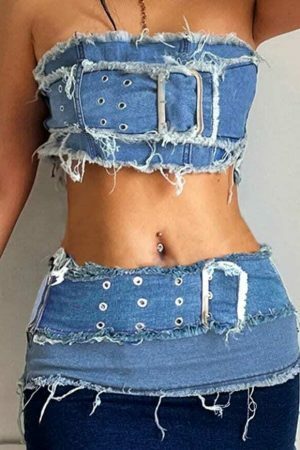 Y2K Cargo Style Denim Tube Top with Patchwork Strapless Corset