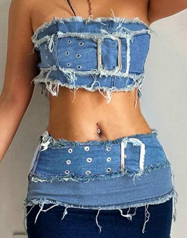 Y2K Cargo Style Denim Tube Top with Patchwork Strapless Corset