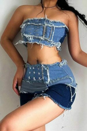 Y2K Cargo Style Denim Tube Top with Patchwork Strapless Corset