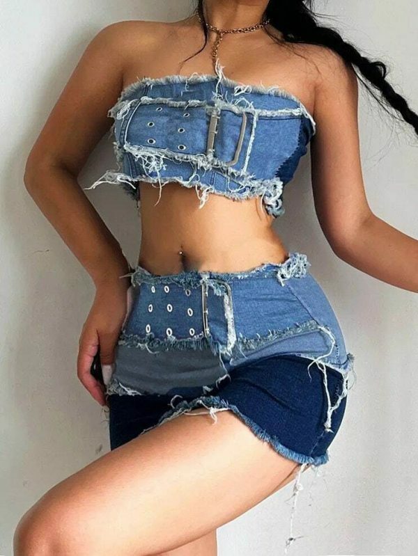 Y2K Cargo Style Denim Tube Top with Patchwork Strapless Corset