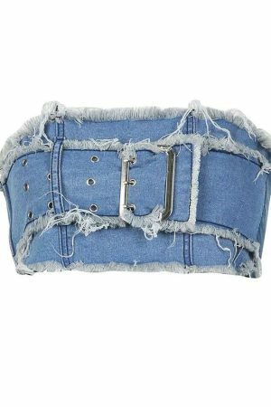 Y2K Cargo Style Denim Tube Top with Patchwork Strapless Corset