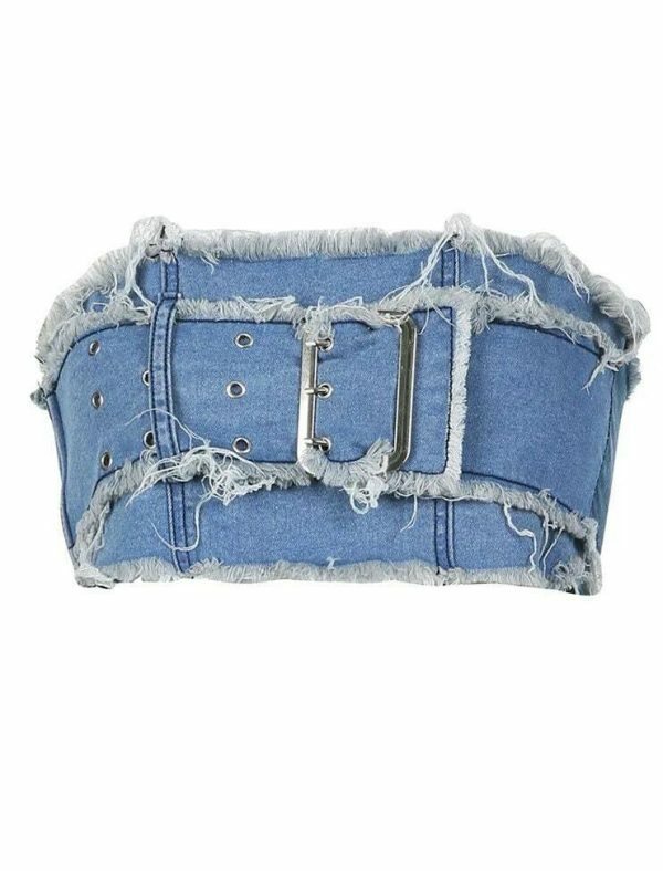 Y2K Cargo Style Denim Tube Top with Patchwork Strapless Corset