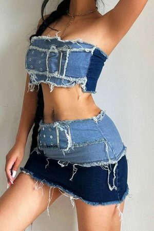 Y2K Cargo Style Denim Tube Top with Patchwork Strapless Corset