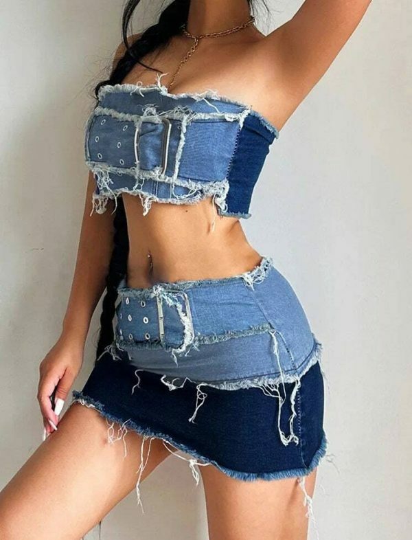 Y2K Cargo Style Denim Tube Top with Patchwork Strapless Corset