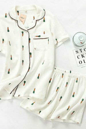 Y2K Carrot Print Pajama Set for Women | Streetwear Style Sleepwear