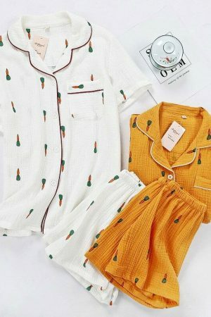 Y2K Carrot Print Pajama Set for Women | Streetwear Style Sleepwear