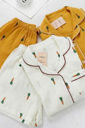 Y2K Carrot Print Pajama Set for Women | Streetwear Style Sleepwear