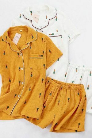 Y2K Carrot Print Pajama Set for Women | Streetwear Style Sleepwear