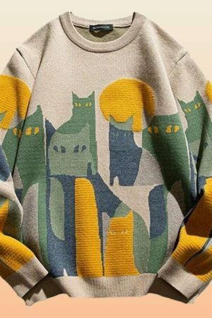 Y2K Cartoon Cat Embroidered Sweater - Streetwear Aesthetic