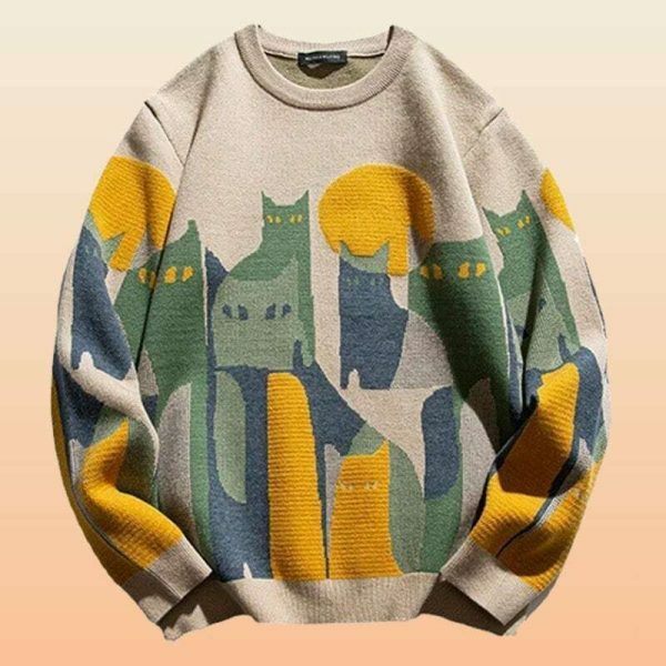 Y2K Cartoon Cat Embroidered Sweater - Streetwear Aesthetic