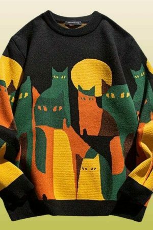 Y2K Cartoon Cat Embroidered Sweater - Streetwear Aesthetic