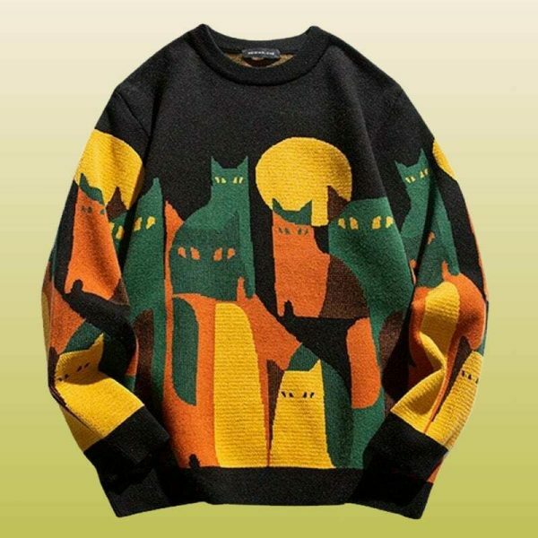 Y2K Cartoon Cat Embroidered Sweater - Streetwear Aesthetic