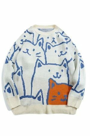 Y2K Cartoon Cat Knitted Streetwear Sweater