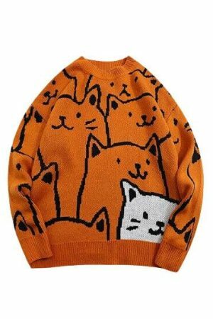 Y2K Cartoon Cat Knitted Streetwear Sweater