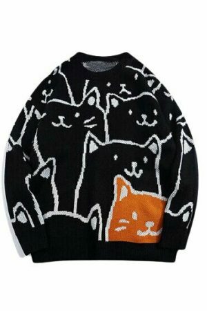 Y2K Cartoon Cat Knitted Streetwear Sweater