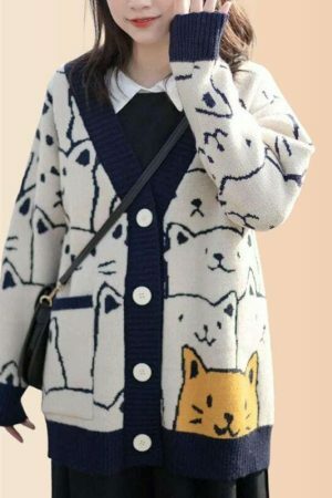 Y2K Cartoon Cat Pattern Knit Cardigan with Pocket - Cozy Winter Streetwear Fashion