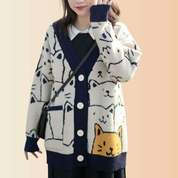 Y2K Cartoon Cat Pattern Knit Cardigan with Pocket - Cozy Winter Streetwear Fashion