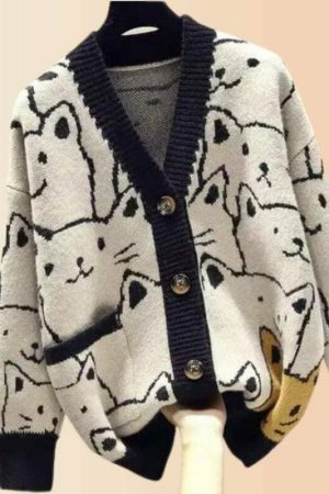 Y2K Cartoon Cat Pattern Knit Cardigan with Pocket - Cozy Winter Streetwear Fashion