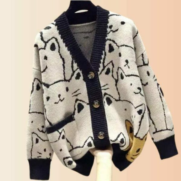 Y2K Cartoon Cat Pattern Knit Cardigan with Pocket - Cozy Winter Streetwear Fashion