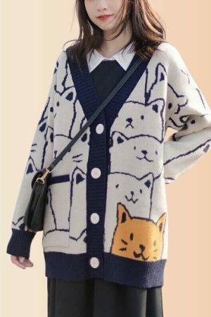 Y2K Cartoon Cat Pattern Knit Cardigan with Pocket - Cozy Winter Streetwear Fashion