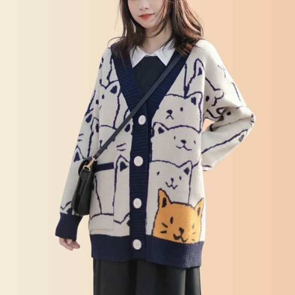 Y2K Cartoon Cat Pattern Knit Cardigan with Pocket - Cozy Winter Streetwear Fashion